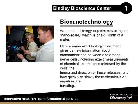 Innovative research. transformational results. Bindley Bioscience Center 1 Bionanotechnology We conduct biology experiments using the “nano-scale,” which.