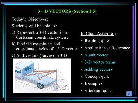 3 – D VECTORS (Section 2.5) Today’s Objectives: Students will be able to : a) Represent a 3-D vector in a Cartesian coordinate system. b) Find the magnitude.