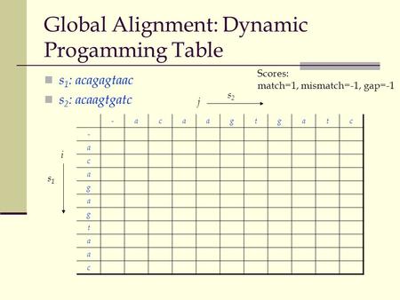 Global Alignment: Dynamic Progamming Table s 1 : acagagtaac s 2 : acaagtgatc -acaagtgatc - a c a g a g t a a c j s2s2 i s1s1 Scores: match=1, mismatch=-1,