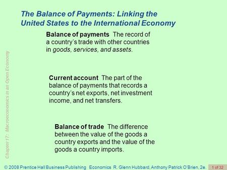 Chapter 17: Macroeconomics in an Open Economy © 2008 Prentice Hall Business Publishing Economics R. Glenn Hubbard, Anthony Patrick O’Brien, 2e. 1 of 32.