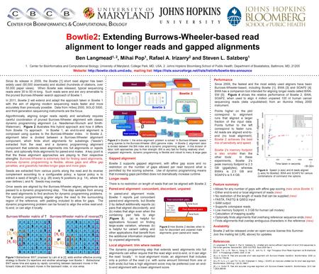 Bowtie2: Extending Burrows-Wheeler-based read alignment to longer reads and gapped alignments Ben Langmead 1, 2, Mihai Pop 1, Rafael A. Irizarry 2 and.