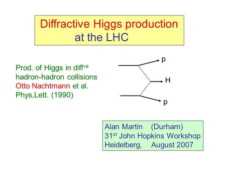 Diffractive Higgs production at the LHC Alan Martin (Durham) 31 st John Hopkins Workshop Heidelberg, August 2007 H p p Prod. of Higgs in diff ve hadron-hadron.