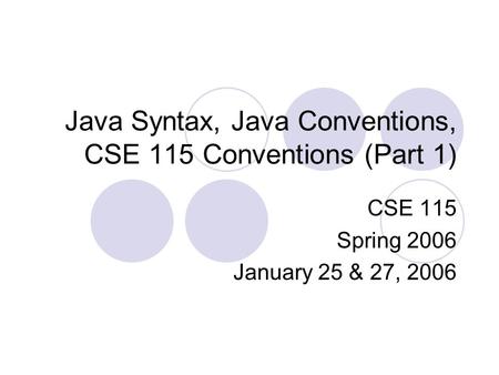 Java Syntax, Java Conventions, CSE 115 Conventions (Part 1) CSE 115 Spring 2006 January 25 & 27, 2006.