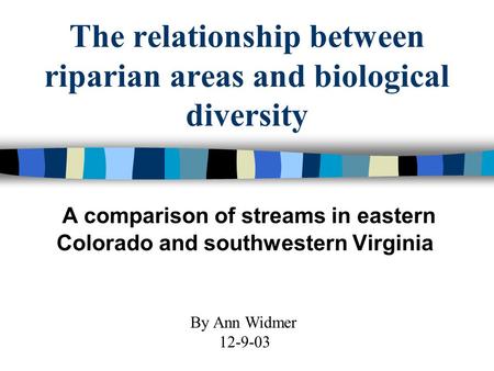 The relationship between riparian areas and biological diversity A comparison of streams in eastern Colorado and southwestern Virginia By Ann Widmer 12-9-03.