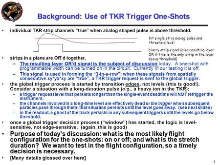 1 Background: Use of TKR Trigger One-Shots individual TKR strip channels “true” when analog shaped pulse is above threshold. strips in a plane are OR’d.