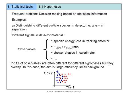 8. Statistical tests 8.1 Hypotheses K. Desch – Statistical methods of data analysis SS10 Frequent problem: Decision making based on statistical information.