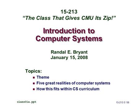 Introduction to Computer Systems Topics: Theme Five great realities of computer systems How this fits within CS curriculum 15-213 S ‘08 class01a.ppt 15-213.