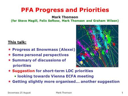 Snowmass 25 AugustMark Thomson 1 PFA Progress and Priorities Mark Thomson (for Steve Magill, Felix Sefkow, Mark Thomson and Graham Wilson)  Progress at.