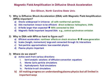 Magnetic Field Amplification in Diffusive Shock Acceleration Don Ellison, North Carolina State Univ. 1)Why is Diffusive Shock Acceleration (DSA) with Magnetic.