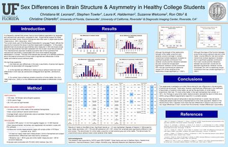 Sex Differences in Brain Structure & Asymmetry in Healthy College Students Christiana M. Leonard 1, Stephen Towler 1, Laura K. Halderman 2, Suzanne Welcome.