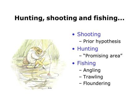 Hunting, shooting and fishing... Shooting –Prior hypothesis Hunting –“Promising area” Fishing –Angling –Trawling –Floundering.