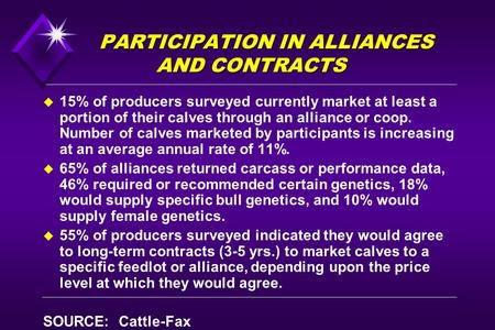 PARTICIPATION IN ALLIANCES AND CONTRACTS u 15% of producers surveyed currently market at least a portion of their calves through an alliance or coop. Number.