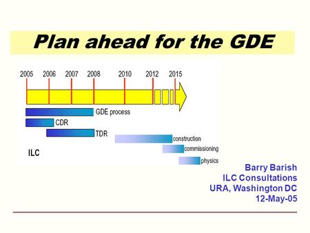 Plan ahead for the GDE Barry Barish ILC Consultations URA, Washington DC 12-May-05.