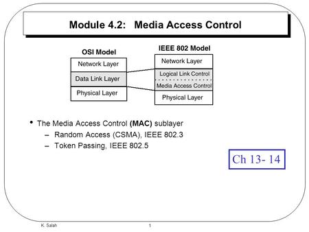 1 K. Salah Module 4.2: Media Access Control The Media Access Control (MAC) sublayer –Random Access (CSMA), IEEE 802.3 –Token Passing, IEEE 802.5 Ch 13-