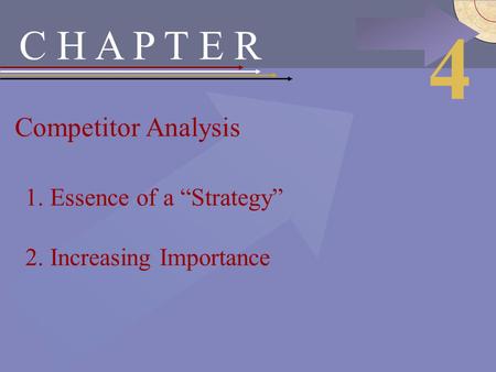McGraw-Hill/Irwin © 2002 The McGraw-Hill Compnies, Inc., All Rights Reserved. C H A P T E R Competitor Analysis 4 1.Essence of a “Strategy” 2.Increasing.