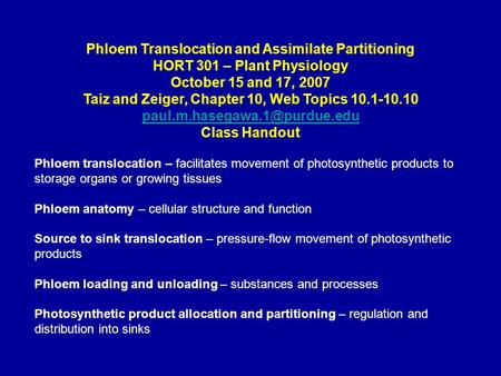 Phloem Translocation and Assimilate Partitioning