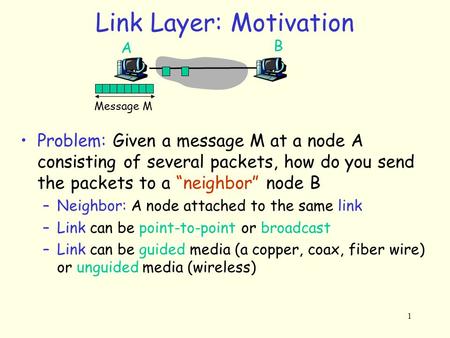1 Link Layer: Motivation Message M A B Problem: Given a message M at a node A consisting of several packets, how do you send the packets to a “neighbor”