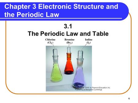1 Chapter 3 Electronic Structure and the Periodic Law 3.1 The Periodic Law and Table Copyright © 2005 by Pearson Education, Inc. Publishing as Benjamin.