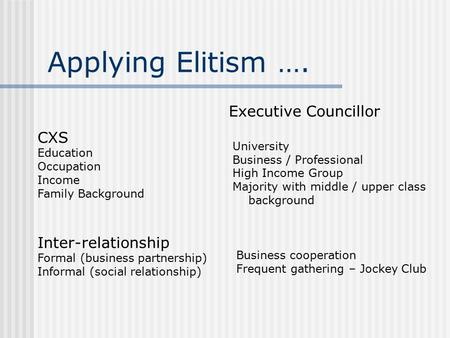 Applying Elitism …. CXS Education Occupation Income Family Background Inter-relationship Formal (business partnership) Informal (social relationship) Executive.