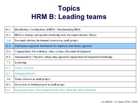 VL HRM B – G. Grote ETHZ, SS06 Topics HRM B: Leading teams.