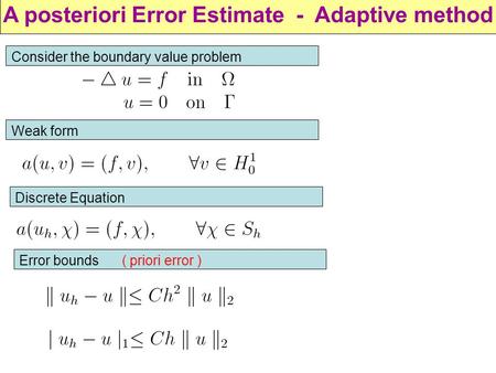A posteriori Error Estimate - Adaptive method Consider the boundary value problem Weak form Discrete Equation Error bounds ( priori error )