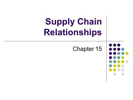 Supply Chain Relationships Chapter 15. Systems Approach to Supply Chain Supplier Manufacturer Distributor RetailerCustomer Upstream Downstream Information.