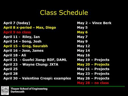Thayer School of Engineering Dartmouth Class Schedule April 7 (today) April 8 x-period – Max, Diego April 9 no class April 11 - Riley, Ian April 14 – Song,