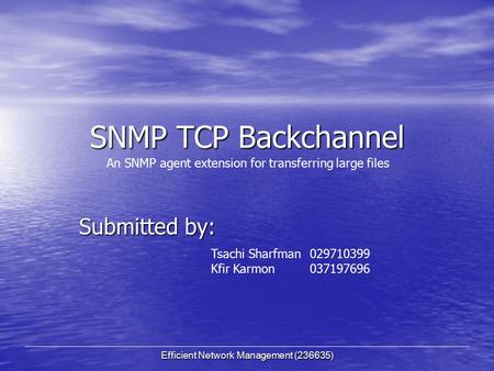 Efficient Network Management (236635) SNMP TCP Backchannel Submitted by: An SNMP agent extension for transferring large files Tsachi Sharfman 029710399.
