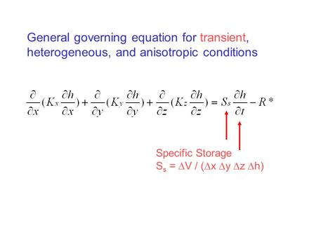 General governing equation for transient, heterogeneous, and anisotropic conditions Specific Storage S s =  V / (  x  y  z  h)