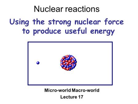 Nuclear reactions Micro-world Macro-world Lecture 17 Using the strong nuclear force to produce useful energy.