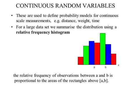 CONTINUOUS RANDOM VARIABLES These are used to define probability models for continuous scale measurements, e.g. distance, weight, time For a large data.