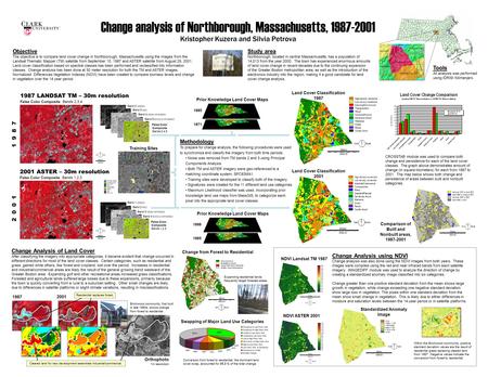 Change analysis of Northborough, Massachusetts, 1987-2001 Kristopher Kuzera and Silvia Petrova 1987 LANDSAT TM – 30m resolution False Color Composite Bands.