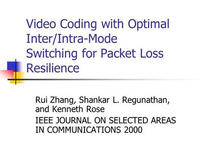Video Coding with Optimal Inter/Intra-Mode Switching for Packet Loss Resilience Rui Zhang, Shankar L. Regunathan, and Kenneth Rose IEEE JOURNAL ON SELECTED.
