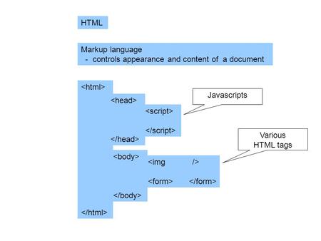 HTML Markup language - controls appearance and content of a document Javascripts Various HTML tags.
