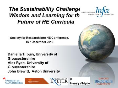 Daniella Tilbury, University of Gloucestershire Alex Ryan, University of Gloucestershire John Blewitt, Aston University Society for Research into HE Conference,
