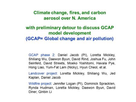 Climate change, fires, and carbon aerosol over N. America with preliminary detour to discuss GCAP model development (GCAP= Global change and air pollution)