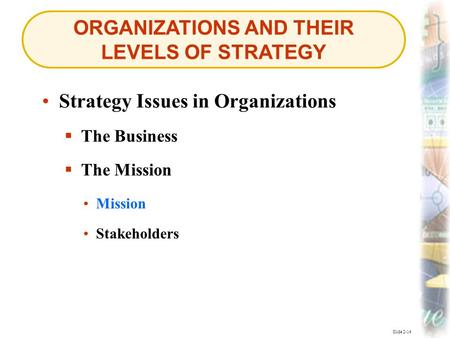 ORGANIZATIONS AND THEIR LEVELS OF STRATEGY Slide 2-14 Strategy Issues in Organizations  The Business  The Mission Mission Mission Stakeholders.