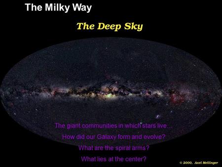 The Milky Way The giant communities in which stars live… How did our Galaxy form and evolve? What are the spiral arms? What lies at the center?