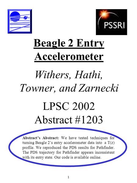1 Beagle 2 Entry Accelerometer Withers, Hathi, Towner, and Zarnecki LPSC 2002 Abstract #1203 Abstract’s Abstract: We have tested techniques for turning.