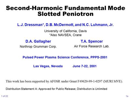 Second-Harmonic Fundamental Mode Slotted Peniotron Pulsed Power Plasma Science Conference, PPPS-2001 Las Vegas, NevadaJune 7-22, 2001 This work has been.