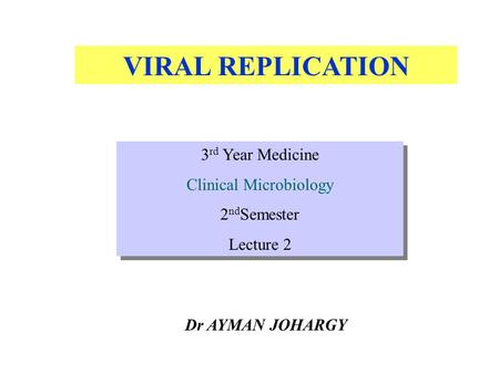 VIRAL REPLICATION Dr AYMAN JOHARGY 3 rd Year Medicine Clinical Microbiology 2 nd Semester Lecture 2 3 rd Year Medicine Clinical Microbiology 2 nd Semester.