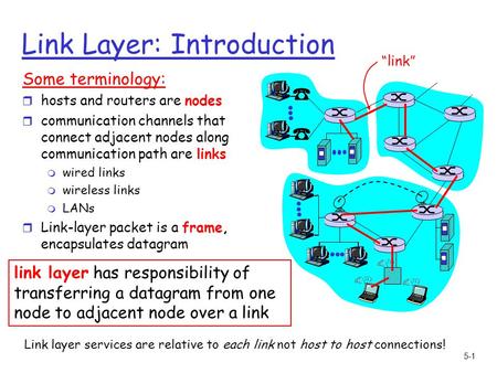 5-1 Link Layer: Introduction Some terminology: r hosts and routers are nodes r communication channels that connect adjacent nodes along communication path.