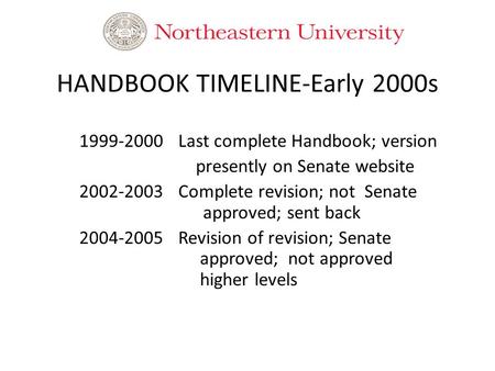 HANDBOOK TIMELINE-Early 2000s 1999-2000Last complete Handbook; version presently on Senate website 2002-2003Complete revision; not Senate approved; sent.