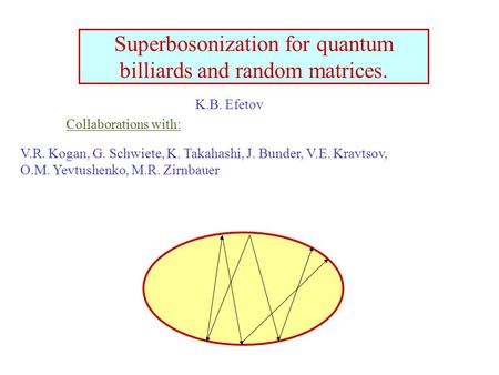 Superbosonization for quantum billiards and random matrices. V.R. Kogan, G. Schwiete, K. Takahashi, J. Bunder, V.E. Kravtsov, O.M. Yevtushenko, M.R. Zirnbauer.