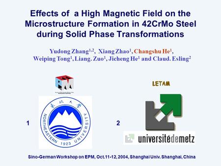 Yudong Zhang 1,2, Xiang Zhao 1, Changshu He 1, Weiping Tong 1, Liang. Zuo 1, Jicheng He 1 and Claud. Esling 2 Effects of a High Magnetic Field on the Microstructure.