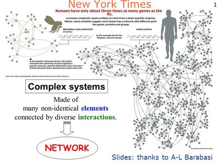 1 Complex systems Made of many non-identical elements connected by diverse interactions. NETWORK New York Times Slides: thanks to A-L Barabasi.