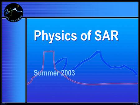23057page 1 Physics of SAR Summer 2003. 23057page 2 Synthetic-Aperture Radar SAR Radar - Transmits its own illumination a Microwave flashlight RAdio.