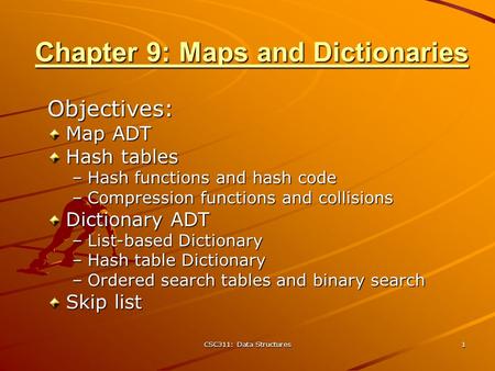 CSC311: Data Structures 1 Chapter 9: Maps and Dictionaries Objectives: Map ADT Hash tables –Hash functions and hash code –Compression functions and collisions.