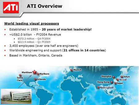 1 ATI Confidential1 ATI Overview World leading visual processors Established in 1985 – 20 years of market leadership! ~US$2.0 billion - FY2004 Revenue.