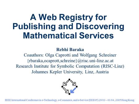 A Web Registry for Publishing and Discovering Mathematical Services IEEE International Conference in e-Technology, e-Commerce, and e-Service (EEE05) 29/03.